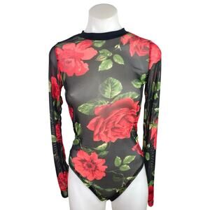 Teenbell Black Red Floral Mesh Sheer Long Sleeve High Neck Bodysuit Top One Size